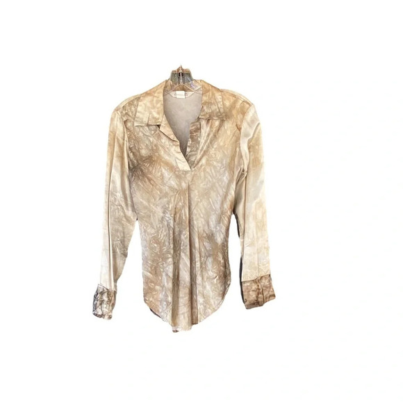Y2K cream Tan Satin marble tie die blouse Loralai Gilmore Vibes long sleeve - Picture 2 of 6